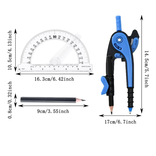 Alt view image 2 of 6 - Unjoo Compass and Protractor Set, 6 Inch Swing Arm Protractor (Dark Blue) | Compasses for Math for Drafting, Sharpener, Eraser and 180 Degree 6 Inch Clear Protractor, Easy Grip, School Supplies