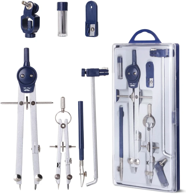 Main image of Professional Geometry Set, 7 pcs | Metal Compasses with Center Wheel & Extension Leg, Precision Drafting Kit with Storage Box for Geometry, Technical Drawing