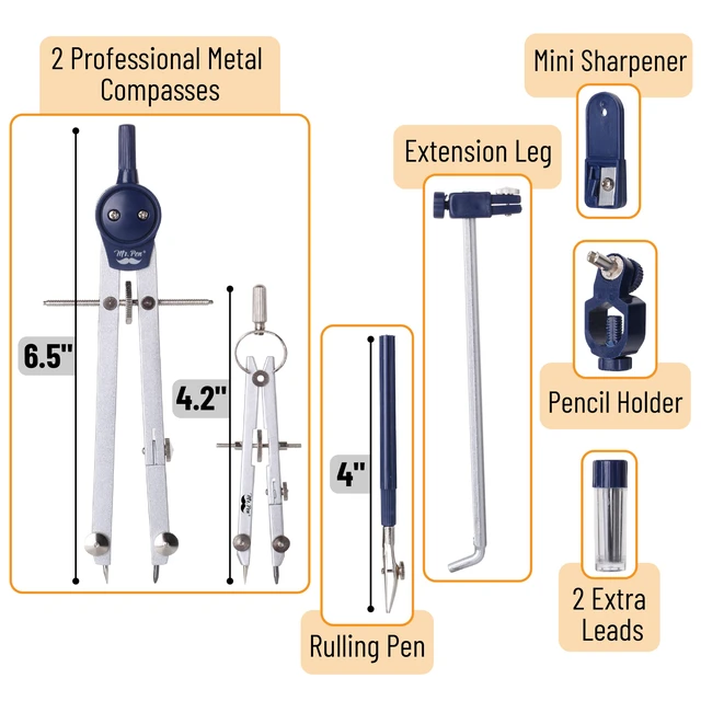 Alt view image 2 of 7 - Professional Geometry Set, 7 pcs | Metal Compasses with Center Wheel & Extension Leg, Precision Drafting Kit with Storage Box for Geometry, Technical Drawing