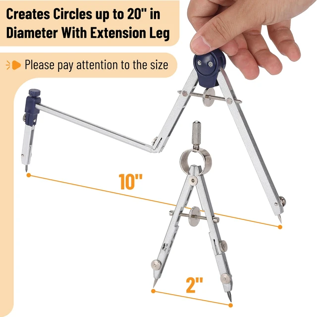 Alt view image 3 of 7 - Professional Geometry Set, 7 pcs | Metal Compasses with Center Wheel & Extension Leg, Precision Drafting Kit with Storage Box for Geometry, Technical Drawing