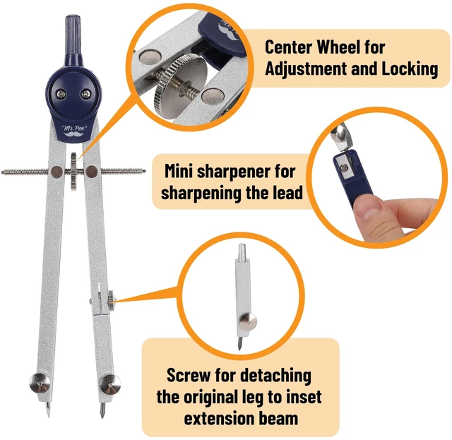 Alt view image 4 of 7 - Professional Geometry Set, 7 pcs | Metal Compasses with Center Wheel & Extension Leg, Precision Drafting Kit with Storage Box for Geometry, Technical Drawing