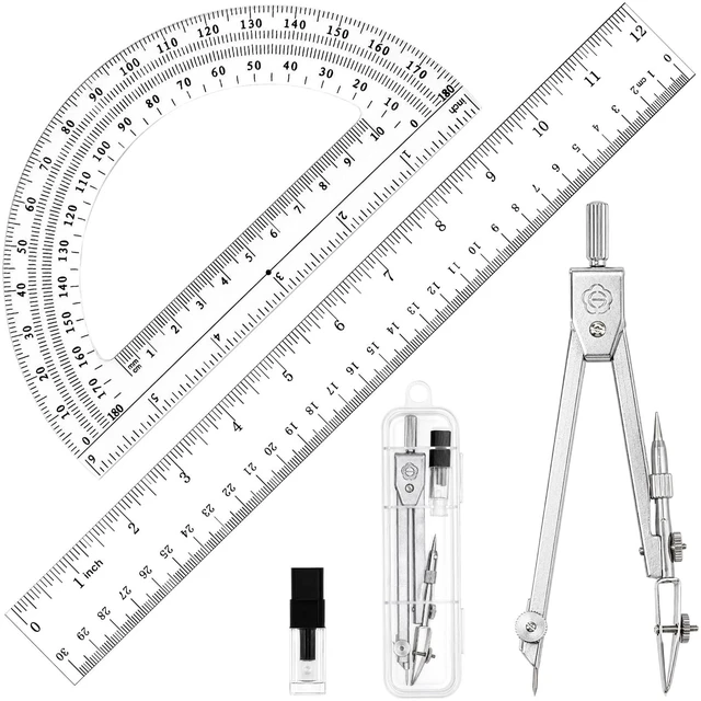 Main image of 3 Pcs Plastic 12 Inch Ruler, Clear Protractor and Compasses Set | Clear Ruler, Protractor and Compass set, Geometry, Durable, Drawing, Measuring, Math, Art, Classroom, School, Student
