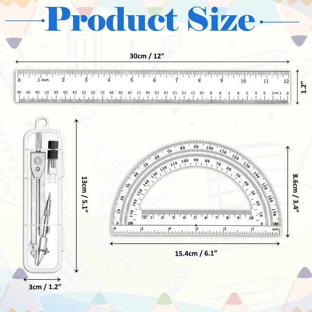 Alt view image 2 of 7 - 3 Pcs Plastic 12 Inch Ruler, Clear Protractor and Compasses Set | Clear Ruler, Protractor and Compass set, Geometry, Durable, Drawing, Measuring, Math, Art, Classroom, School, Student