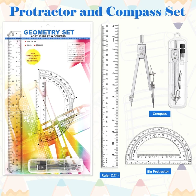 Alt view image 3 of 7 - 3 Pcs Plastic 12 Inch Ruler, Clear Protractor and Compasses Set | Clear Ruler, Protractor and Compass set, Geometry, Durable, Drawing, Measuring, Math, Art, Classroom, School, Student