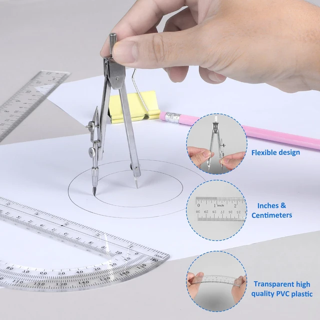 Alt view image 4 of 7 - 3 Pcs Plastic 12 Inch Ruler, Clear Protractor and Compasses Set | Clear Ruler, Protractor and Compass set, Geometry, Durable, Drawing, Measuring, Math, Art, Classroom, School, Student