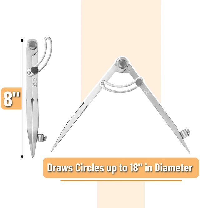 Alt view image 2 of 7 - Compass for Woodworking with Wing and Pencil Holder, 8 Inch | Professional Carpenter Pencil Compass for Geometry, Drawing, Drafting
