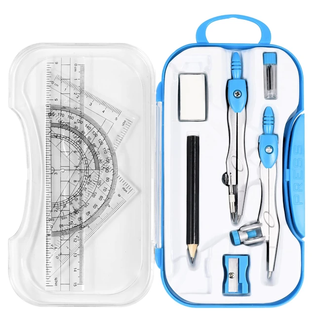 Main image of Geometry Set 10 Pcs Student Supplies, Protractor and Compass (Blue | Shatterproof Storage Box,Rulers,Protractor,Compass,Eraser,Pencil Sharpener,Lead Refills,Pencil,for Classroom, Back to School