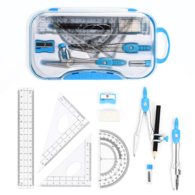 Alt view image 2 of 7 - Geometry Set 10 Pcs Student Supplies, Protractor and Compass (Blue | Shatterproof Storage Box,Rulers,Protractor,Compass,Eraser,Pencil Sharpener,Lead Refills,Pencil,for Classroom, Back to School