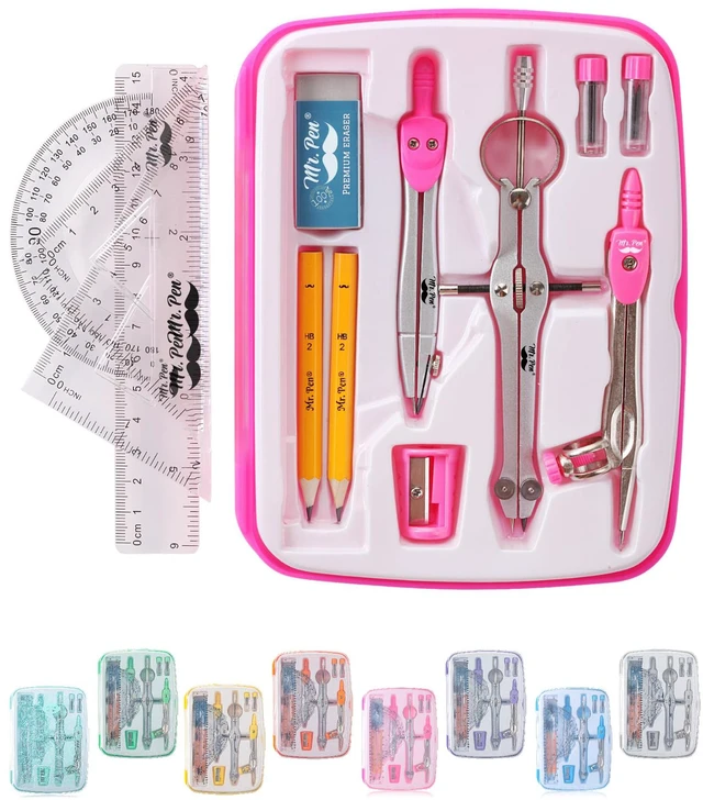 Main image of Geometry Set, 13 pcs, 3 Metal Compasses, Protractor, 6" Ruler | 45° & 30°/60° Set Squares, Pencils, Lead Refills, Sharpener & Eraser for Math, Drafting & Classroom Use