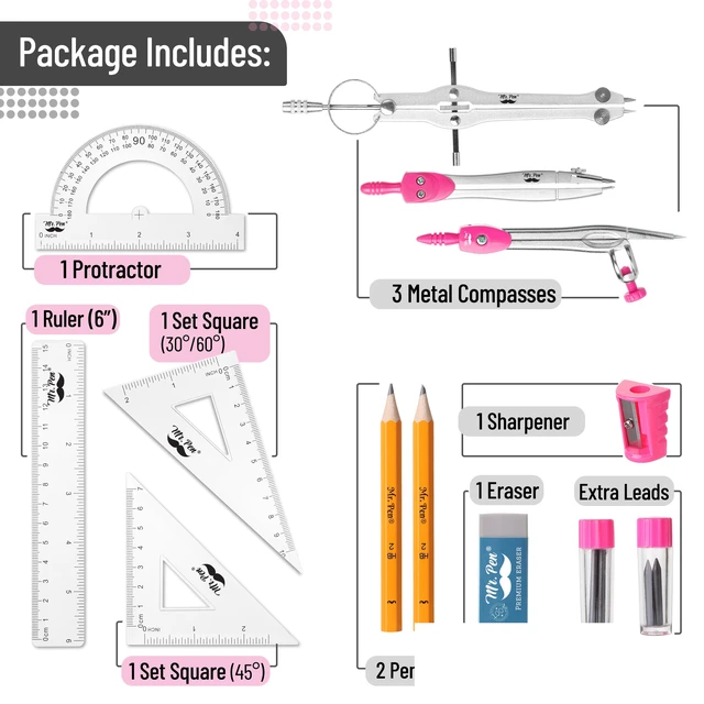 Alt view image 2 of 7 - Geometry Set, 13 pcs, 3 Metal Compasses, Protractor, 6" Ruler | 45° & 30°/60° Set Squares, Pencils, Lead Refills, Sharpener & Eraser for Math, Drafting & Classroom Use