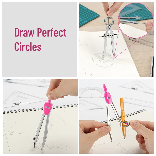 Alt view image 4 of 7 - Geometry Set, 13 pcs, 3 Metal Compasses, Protractor, 6" Ruler | 45° & 30°/60° Set Squares, Pencils, Lead Refills, Sharpener & Eraser for Math, Drafting & Classroom Use