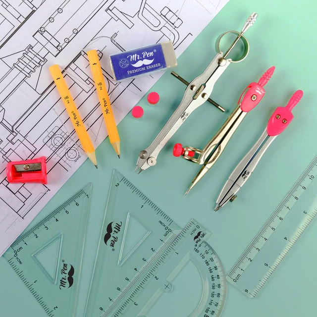 Alt view image 6 of 7 - Geometry Set, 13 pcs, 3 Metal Compasses, Protractor, 6" Ruler | 45° & 30°/60° Set Squares, Pencils, Lead Refills, Sharpener & Eraser for Math, Drafting & Classroom Use