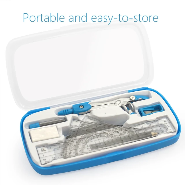 Alt view image 3 of 6 - Drafting Compass Kit School Supply Set Featuring Geometry Compass, Protractor, Set Squares, and Ruler for School Grade Boy snd Girl with Every Piece Compact in Carrying Case, Classic Blue