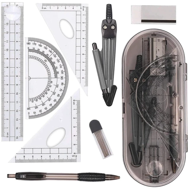 Main image of Math Geometry Kit Set 8 Pieces Student Supplies with Shatterproof Storage Box,Includes Rulers,Protractor,Compass,Pencil Lead Refills,Pencil,Eraser.for Students and Engineering Drawings