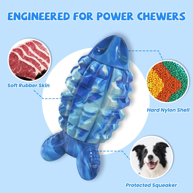 Alt view image 2 of 7 - Dog Toys for Aggressive Chewers, Tough Dog Chew Toys, Blue | Durable Squeaker Rocket Indestructible Dog Toys, Medium Large Breeds, Teeth Cleaning, Long Lasting Fun, Keep Them Busy