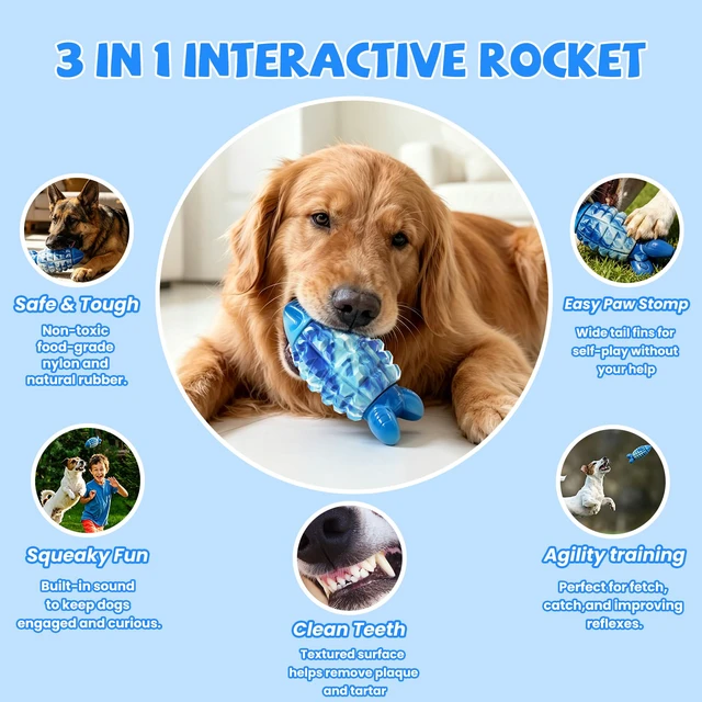 Alt view image 4 of 7 - Dog Toys for Aggressive Chewers, Tough Dog Chew Toys, Blue | Durable Squeaker Rocket Indestructible Dog Toys, Medium Large Breeds, Teeth Cleaning, Long Lasting Fun, Keep Them Busy