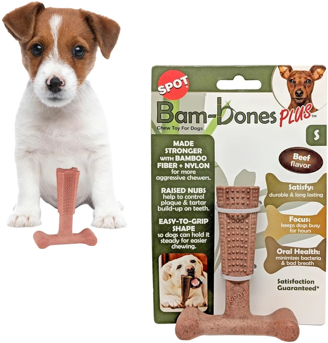 Main image of Bam-Bones Plus T-Bone Dog Chew, Beef, 4in, 10-30 lb Heavy Chewers | Nylon & bamboo fiber; Moderate to heavy chewers; Dogs 10-30 lbs; Non-splintering; Textured dental nubs; Beef flavor