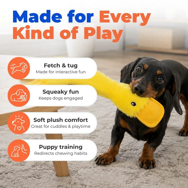 Alt view image 4 of 7 - Interactive Squeaky Dog Toy - Crinkle Duck, Yellow | Stuffing Free Body, Soft, Squeaks & Crinkles, No Mess, Perfect for Moderate Chewers, Toss and Fetch Play