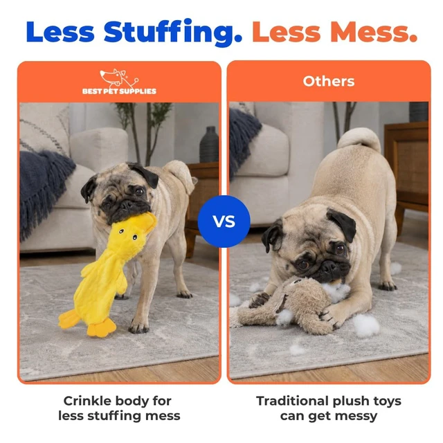Alt view image 5 of 7 - Interactive Squeaky Dog Toy - Crinkle Duck, Yellow | Stuffing Free Body, Soft, Squeaks & Crinkles, No Mess, Perfect for Moderate Chewers, Toss and Fetch Play
