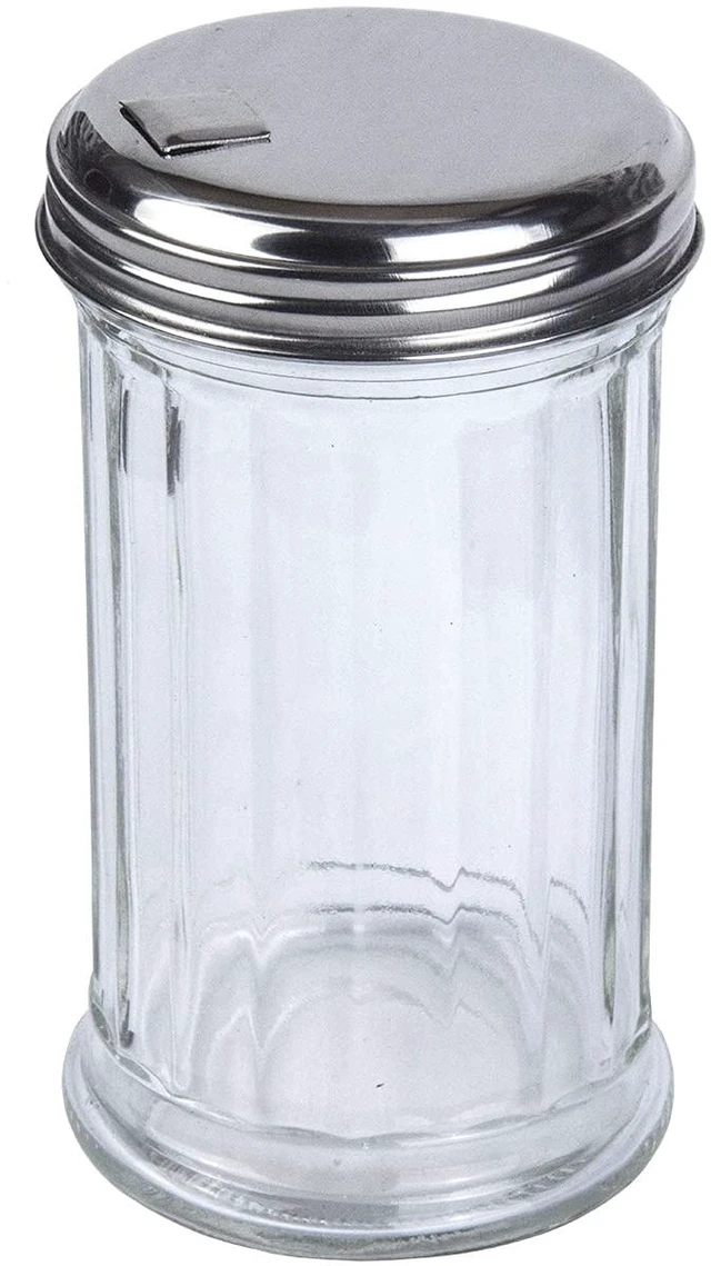Main image of Glass Sugar Shaker Dispenser Pourer, 5.5 inch | Clear glass shaker bottle with steel pour spout. Multi-purpose tabletop dispenser for granulated sugar, cheese, or spices.