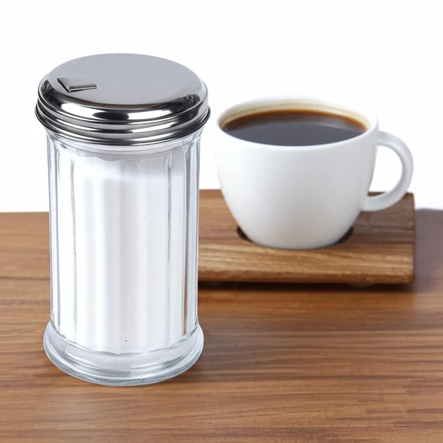 Alt view image 5 of 5 - Glass Sugar Shaker Dispenser Pourer, 5.5 inch | Clear glass shaker bottle with steel pour spout. Multi-purpose tabletop dispenser for granulated sugar, cheese, or spices.