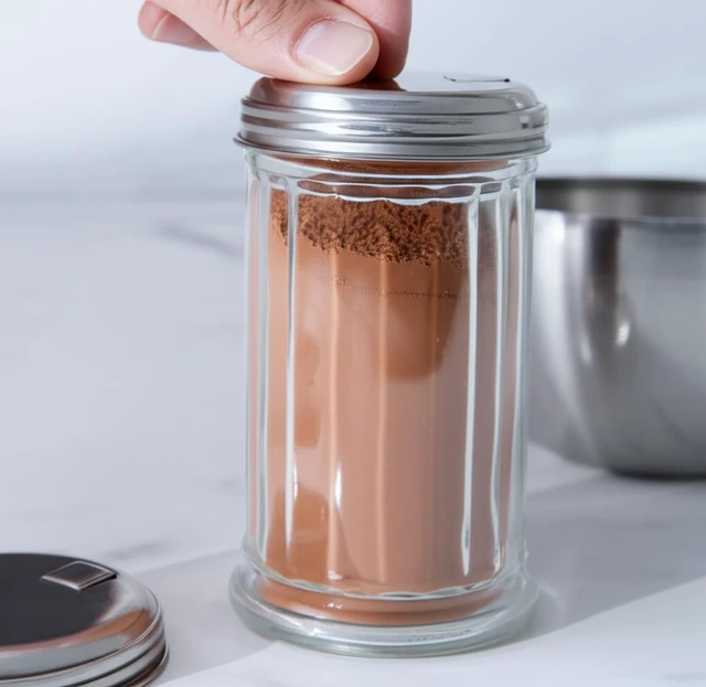 Alt view image 4 of 5 - Glass Sugar Shaker Dispenser Pourer, 5.5 inch | Clear glass shaker bottle with steel pour spout. Multi-purpose tabletop dispenser for granulated sugar, cheese, or spices.