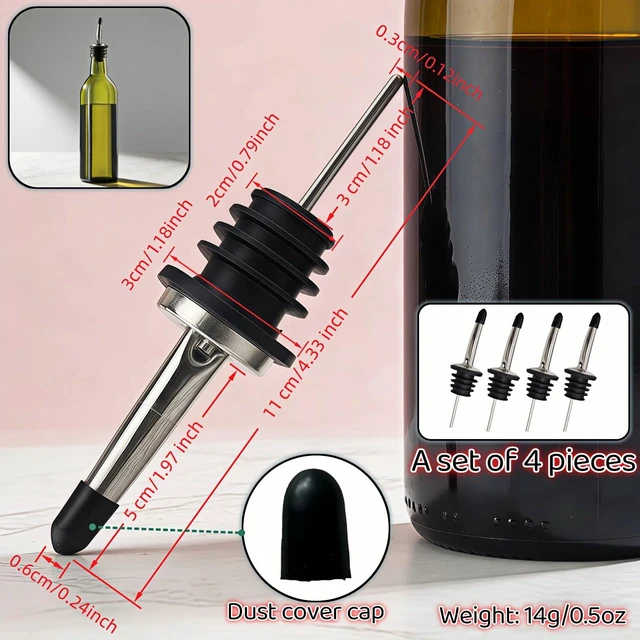 Alt view image 2 of 7 - 4-Pack Stainless Steel Wine & Oil Bottle Pourer Set - Precision Flow Control Spout with Anti-Drip Seal & Dust Cap for Liquor, Vinegar, Olive Oil - Bar Kitchen Tool