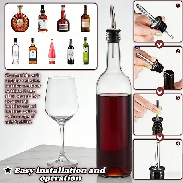 Alt view image 6 of 7 - 4-Pack Stainless Steel Wine & Oil Bottle Pourer Set - Precision Flow Control Spout with Anti-Drip Seal & Dust Cap for Liquor, Vinegar, Olive Oil - Bar Kitchen Tool