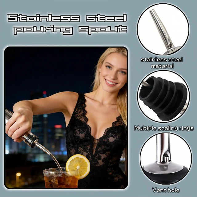 Alt view image 5 of 7 - 4-Pack Stainless Steel Wine & Oil Bottle Pourer Set - Precision Flow Control Spout with Anti-Drip Seal & Dust Cap for Liquor, Vinegar, Olive Oil - Bar Kitchen Tool