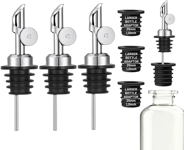 Main image of 3 Pack Olive Oil Pour Spout with Adapters, Oils Pourer for Olive Oil Dispenser Bottle, Easily Turn Your Bottles into Dispensers for Liquor, Vinegar, Oils, Syrup, Liquor Bottle Pourers, Silver