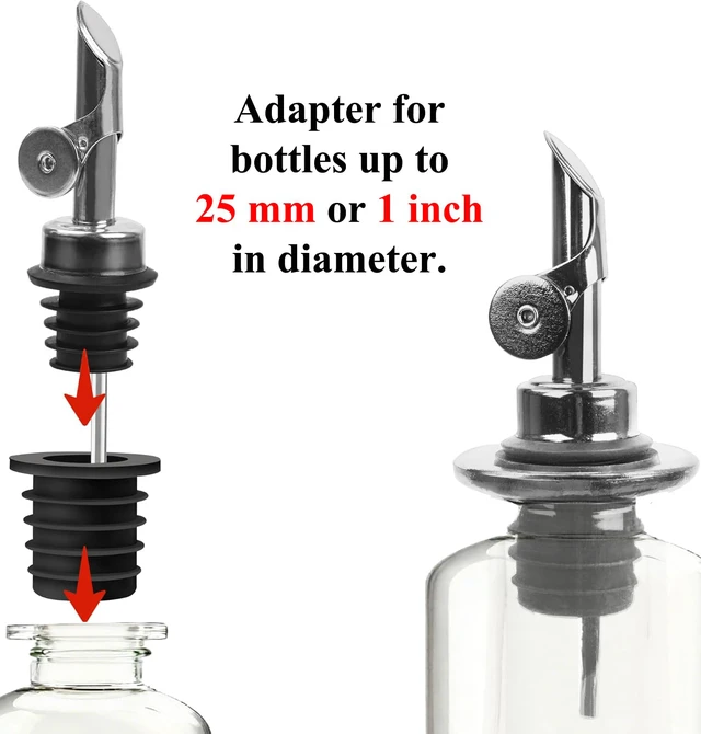 Alt view image 4 of 7 - 3 Pack Olive Oil Pour Spout with Adapters, Oils Pourer for Olive Oil Dispenser Bottle, Easily Turn Your Bottles into Dispensers for Liquor, Vinegar, Oils, Syrup, Liquor Bottle Pourers, Silver