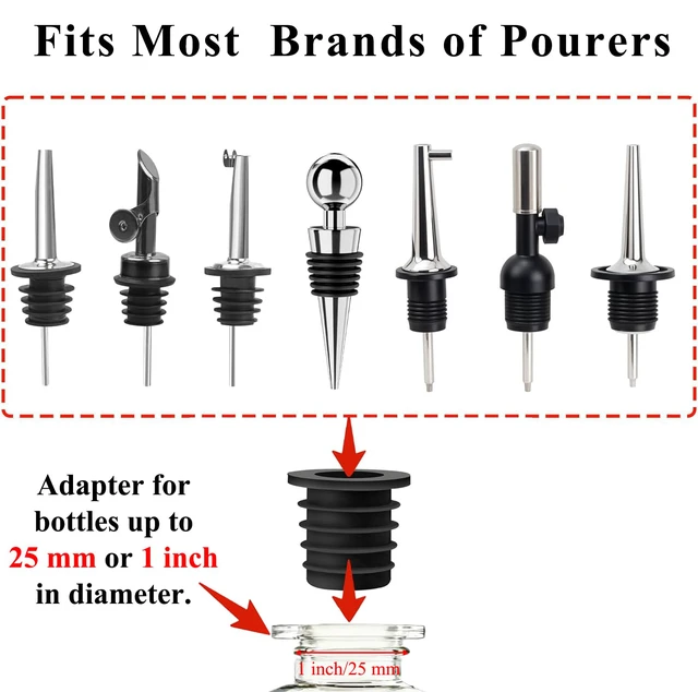 Alt view image 5 of 7 - 3 Pack Olive Oil Pour Spout with Adapters, Oils Pourer for Olive Oil Dispenser Bottle, Easily Turn Your Bottles into Dispensers for Liquor, Vinegar, Oils, Syrup, Liquor Bottle Pourers, Silver