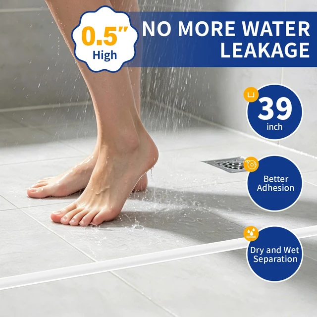 Alt view image 2 of 7 - Shower Threshold Water Dam, Silicone Sealant Included, Collapsible Self-Adhesive Shower Barrier, Shower Door Bottom Seal Strip Shower Splash Guard for Bathroom (Transparent, Length: 39'')