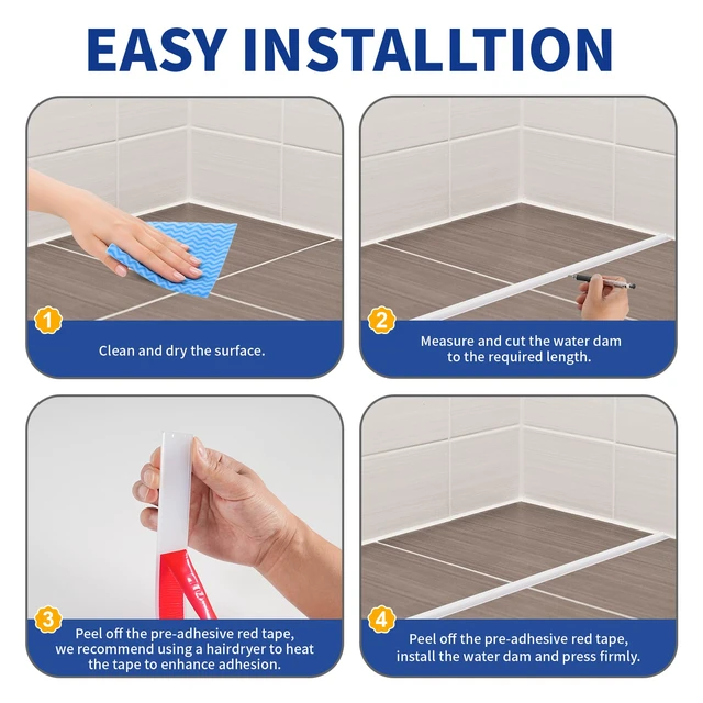 Alt view image 6 of 7 - Shower Threshold Water Dam, Silicone Sealant Included, Collapsible Self-Adhesive Shower Barrier, Shower Door Bottom Seal Strip Shower Splash Guard for Bathroom (Transparent, Length: 39'')