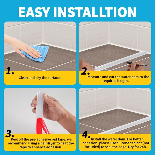 Alt view image 6 of 7 - Collapsible Shower Water Dam Self-Adhesive Silicone Water Stopper Barrier Keeps Water Inside Threshold Dry and Wet Separation Retention System Suitable for Bathroom (39 Inch, Transparent)