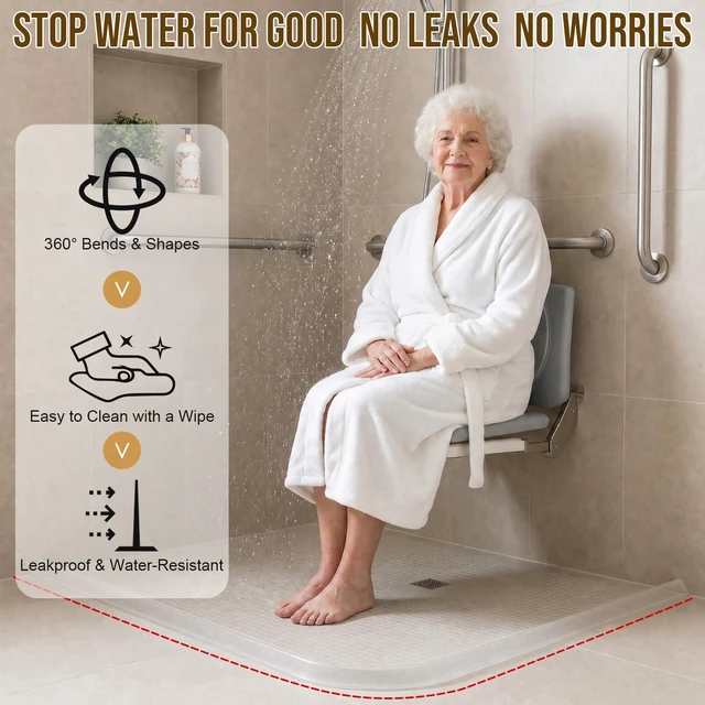 Alt view image 5 of 7 - 39in Shower Threshold Water Dam - Self-Adhesive Silicone Barrier | Collapsible Design Helps Contain Water in Walk-In Showers, Tubs and Wet Areas. Flexible Profile Installs Without Drilling