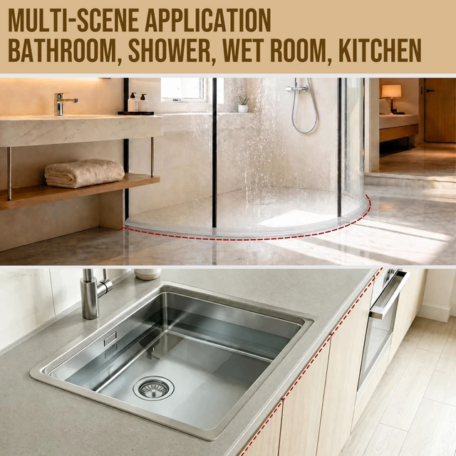 Alt view image 6 of 7 - 39in Shower Threshold Water Dam - Self-Adhesive Silicone Barrier | Collapsible Design Helps Contain Water in Walk-In Showers, Tubs and Wet Areas. Flexible Profile Installs Without Drilling