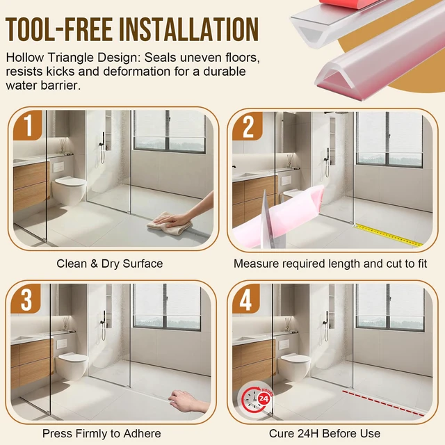 Alt view image 7 of 7 - 39in Shower Threshold Water Dam - Self-Adhesive Silicone Barrier | Collapsible Design Helps Contain Water in Walk-In Showers, Tubs and Wet Areas. Flexible Profile Installs Without Drilling