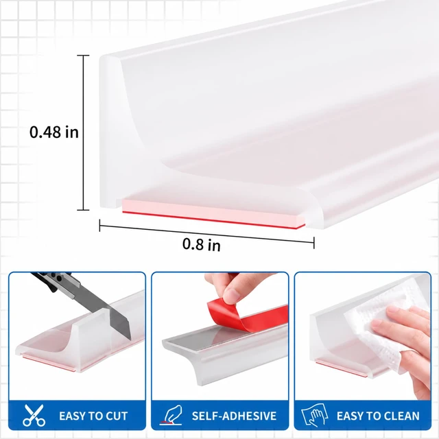 Alt view image 2 of 6 - 2 Pcs 39 Inch Shower Threshold Water Dam 0.8" x 0.48", Silicone | Shower Water Guard, Self Adhesive Waterproof Door Seal Strip Flexible Cuttable Water Stop Seal for Bathroom Sink Countertop