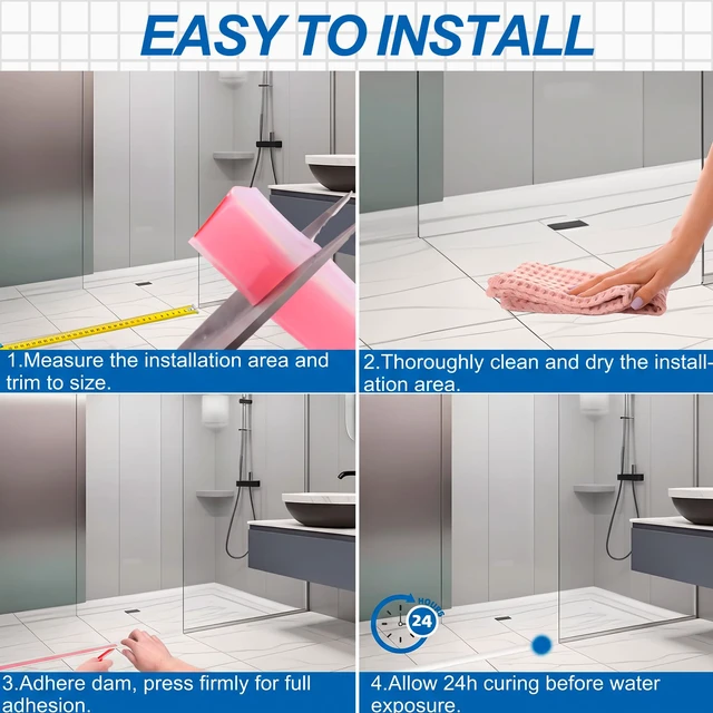 Alt view image 3 of 6 - 2 Pcs 39 Inch Shower Threshold Water Dam 0.8" x 0.48", Silicone | Shower Water Guard, Self Adhesive Waterproof Door Seal Strip Flexible Cuttable Water Stop Seal for Bathroom Sink Countertop