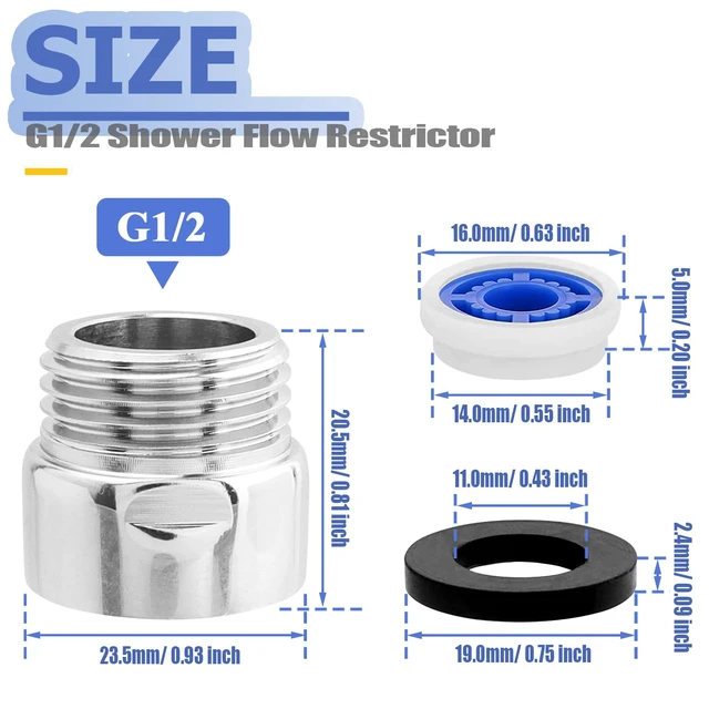 Alt view image 2 of 7 - 2 Sets G1/2 Shower Flow Reducer Limiter Kit, 7 Different Shower Head Flow Restrictor 1.2/1.5/1.8/2.0/2.2/2.5/3.0 GPM with Water Flow Saver Adapters Control Valve for Fixed Handheld Shower Head