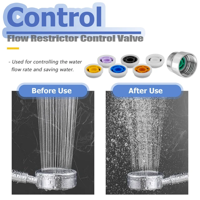 Alt view image 6 of 7 - 2 Sets G1/2 Shower Flow Reducer Limiter Kit, 7 Different Shower Head Flow Restrictor 1.2/1.5/1.8/2.0/2.2/2.5/3.0 GPM with Water Flow Saver Adapters Control Valve for Fixed Handheld Shower Head