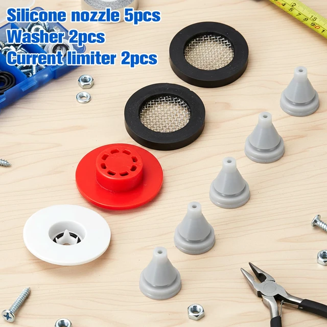 Alt view image 3 of 5 - 9 PCS Shower Head Flow Restrictor Set, 1.8/2.5 GPM Flow Reducer Water Saver Limiter, Fixed Showerhead Replace Parts with 2 Filter Gaskets + 5 Silicone Nozzles for Bathroom Shower Head Faucet