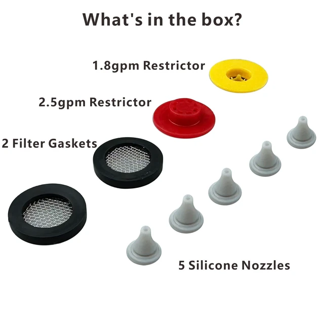 Alt view image 2 of 6 - Shower Flow Restrictor Set - Fixed Showerhead Replace Parts -1.8 and 2.5GPM Flow Reducer Limiter + 2 Filter Gaskets + 5 Soft Silicone Nozzles For Shower Head Replacement