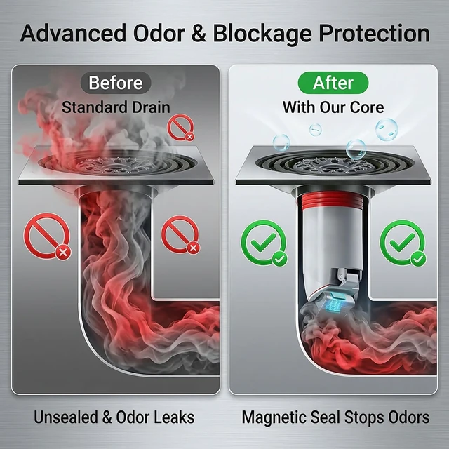 Alt view image 3 of 7 - Magnetic Drain Insert with Hair Catcher, Odor Stopper & Backflow Preventer | Selfsealing magnetic drain insert blocks odors & backflow, catches hair and debris. Fits 1.9"-3.9" bathroom drain openings