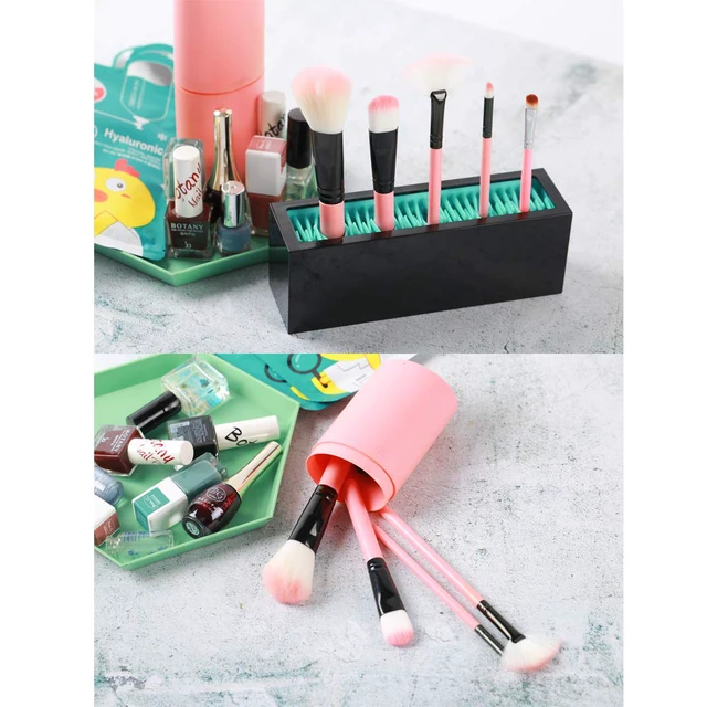 Alt view image 2 of 7 - Makeup Brushes Holder Organizer, Silicone Vanity Air Drying Rack Display Storage for Brush, Eyeliners and More, Practical Cosmetic Tools Container (Blue-White)