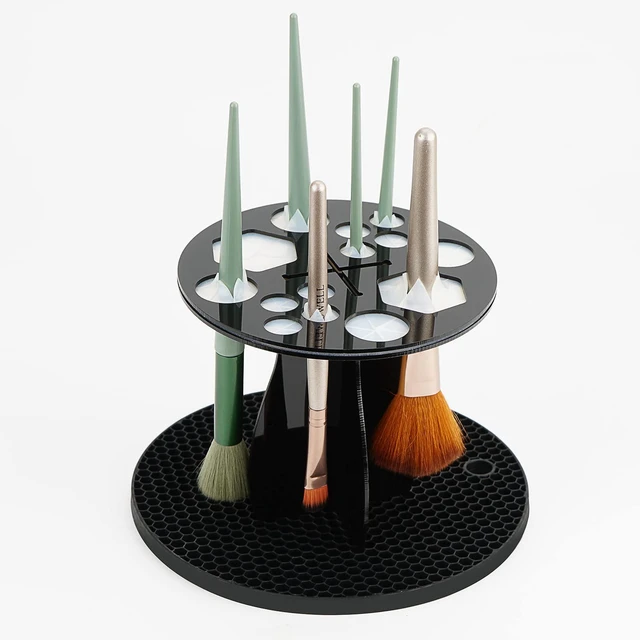 Main image of 14 Hole Makeup Brush Drying Rack with Mat, Detachable Acrylic Makeup Brush Holder, Air Tree Tower Stand Organizer Tray (Black)