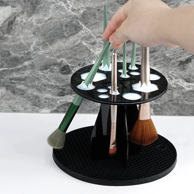 Alt view image 5 of 6 - 14 Hole Makeup Brush Drying Rack with Mat, Detachable Acrylic Makeup Brush Holder, Air Tree Tower Stand Organizer Tray (Black)