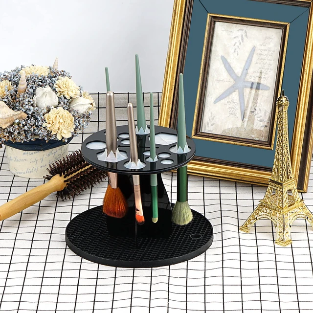 Alt view image 6 of 6 - 14 Hole Makeup Brush Drying Rack with Mat, Detachable Acrylic Makeup Brush Holder, Air Tree Tower Stand Organizer Tray (Black)