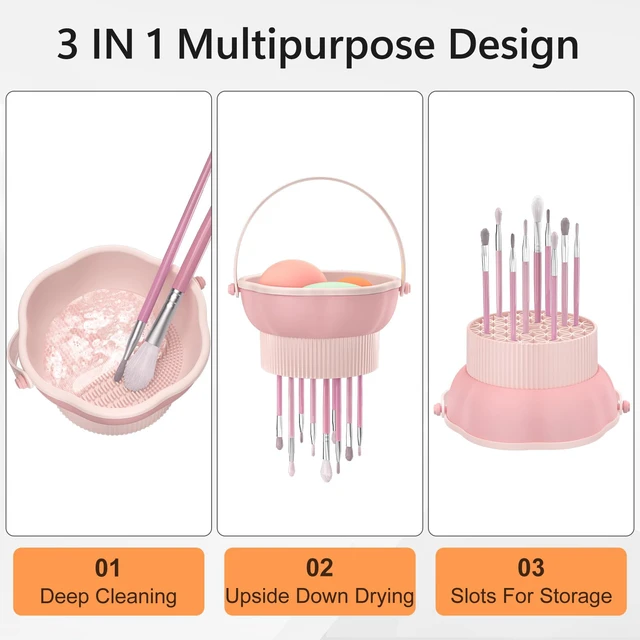 Alt view image 2 of 7 - 3 in 1 Makeup Brush Cleaner Mat, Silicone Makeup Brush Cleaner Bowl Cosmetic Brushes Cleaning Pad Tool Organizer for Storage and Air Drying, Make Up Brush Washing Tool for Sponge